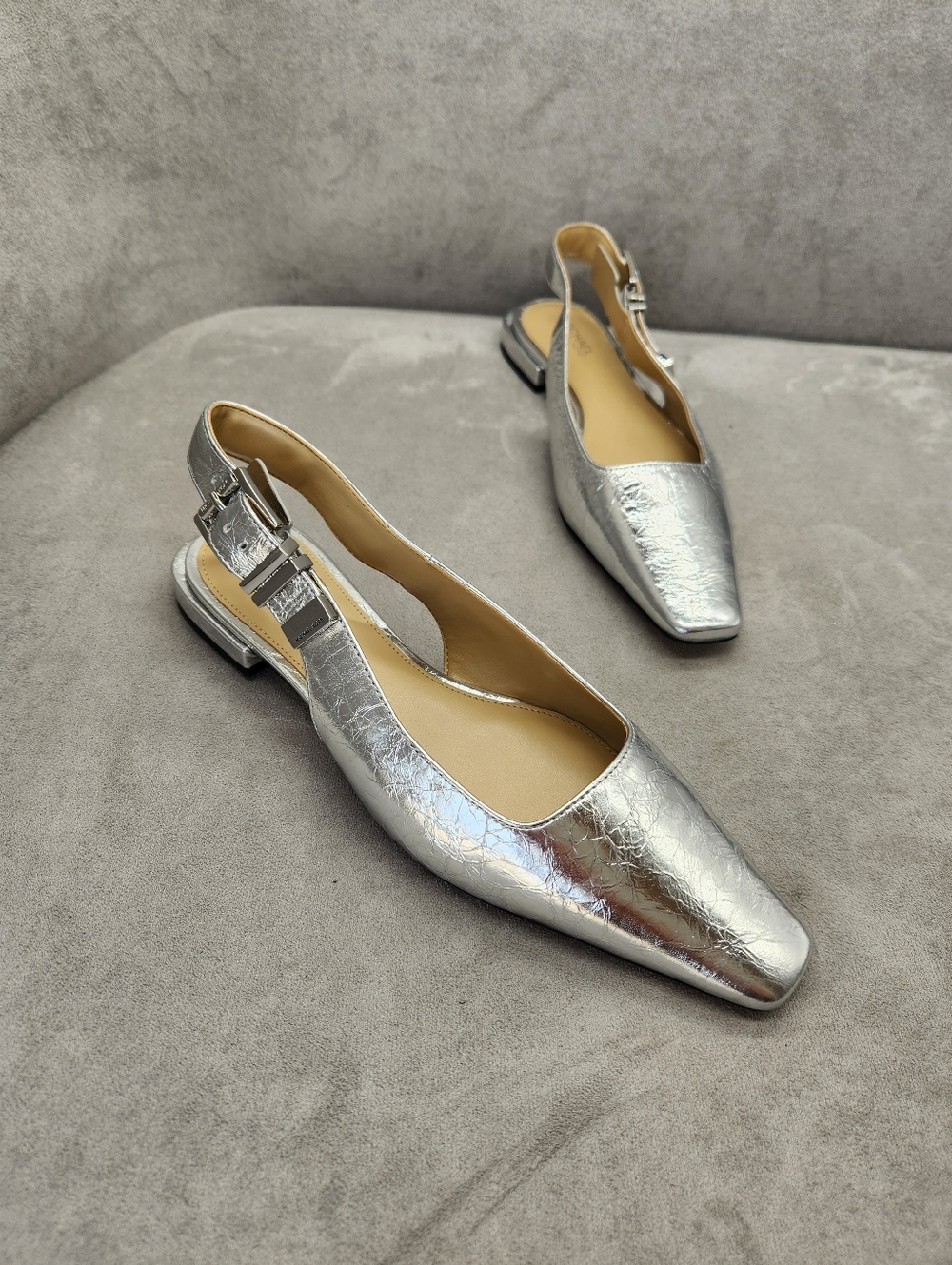 Michael Kors Slingback Flats 6 Silver Leather Darrington Metallic Logo New $135